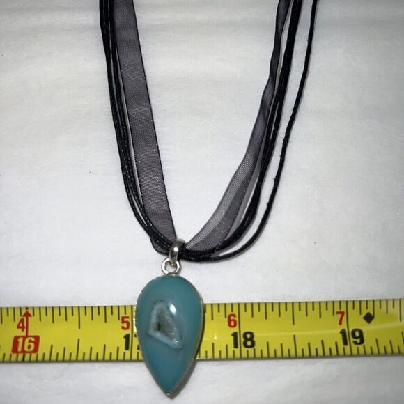 Chalcedony Druzy Necklace Set In 925 Silver Ribbon & Cord Turquoise Colored - Picture 5 of 8